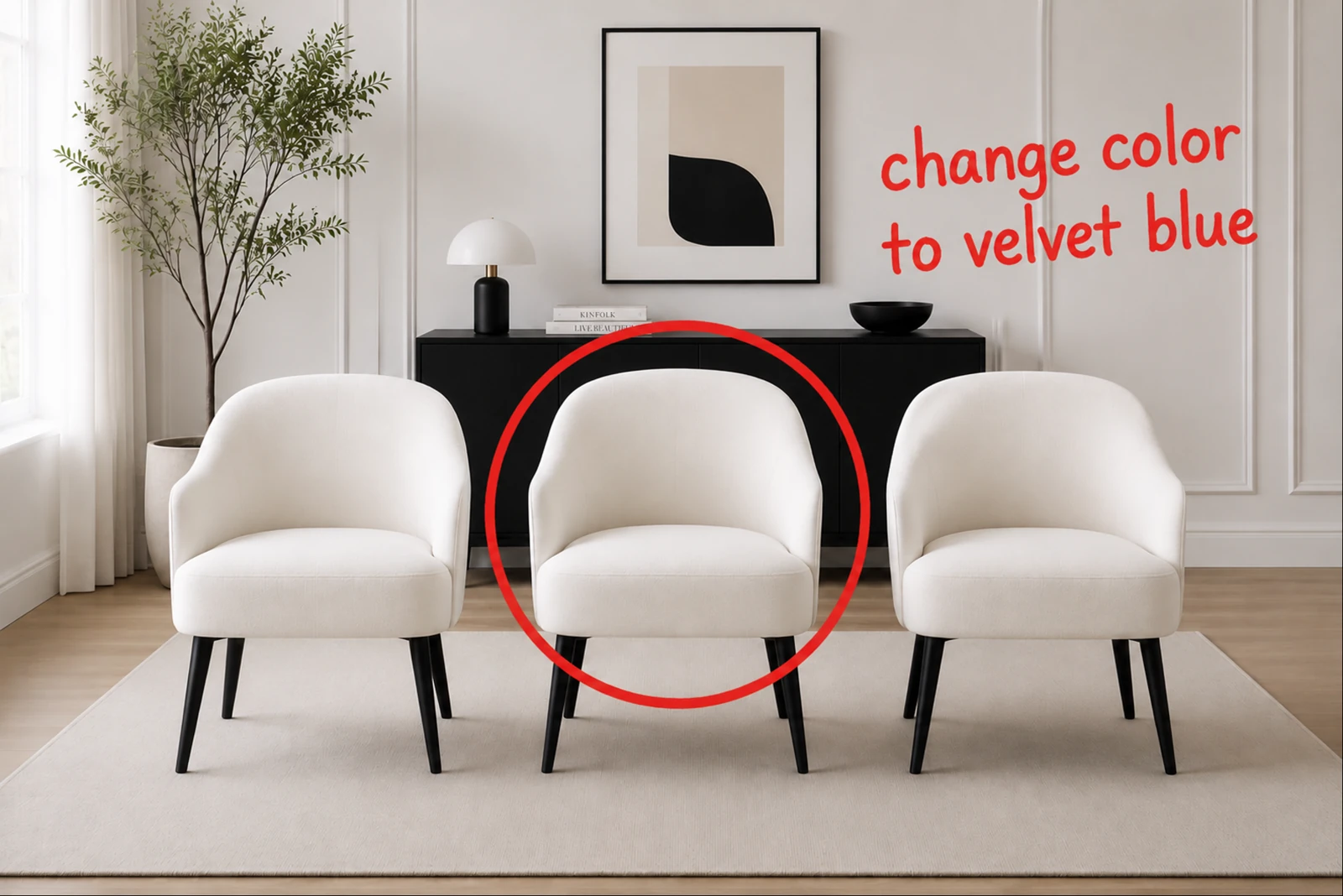 Three chairs, with the middle chair circled and a note requesting velvet blue