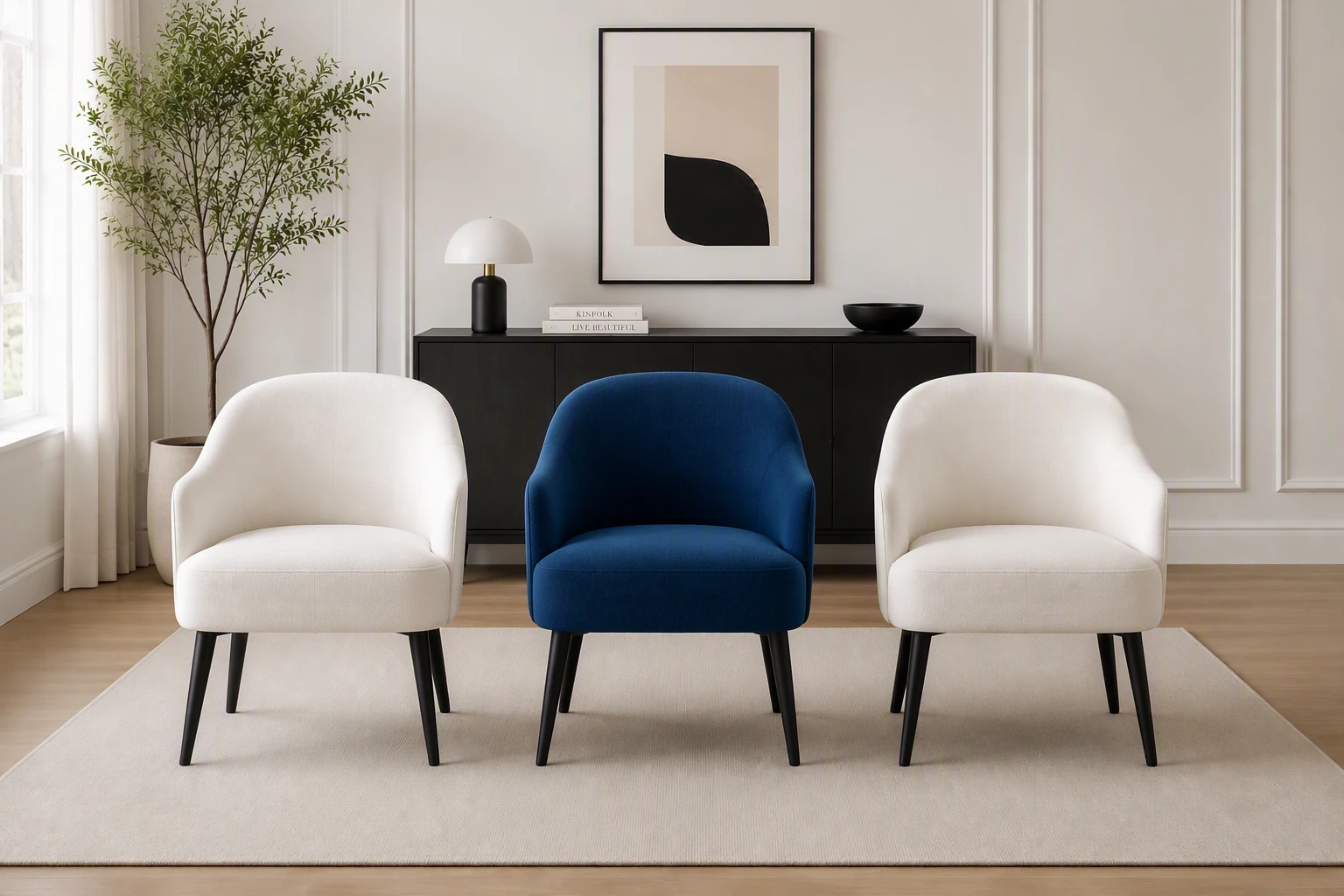 The middle chair becomes velvet blue while the surrounding room is preserved