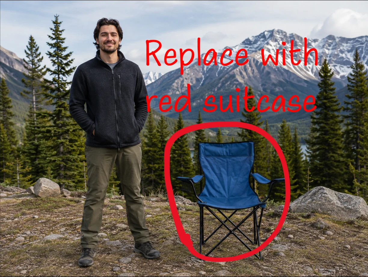 Canvas-annotated image requesting replacement of a chair with a red suitcase