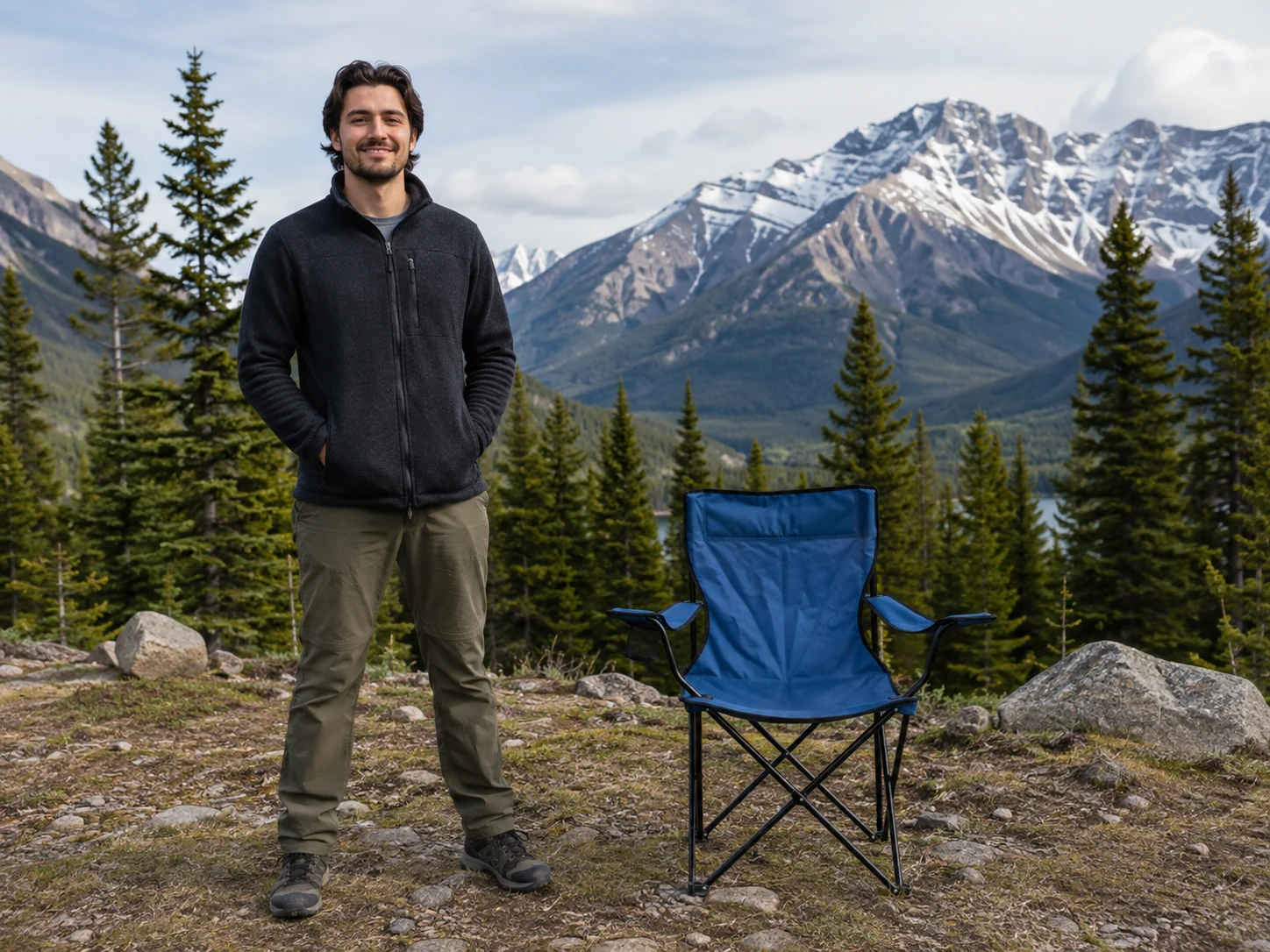 Clean source image of a hiker standing beside a folding chair